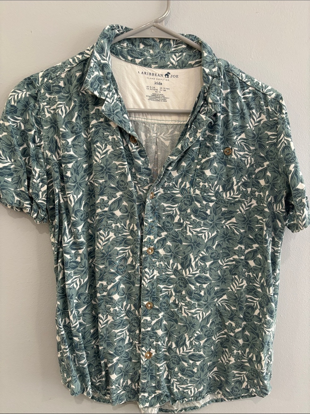 Caribbean Joe Teal Green Floral Short Sleeve Button-Down Shirt